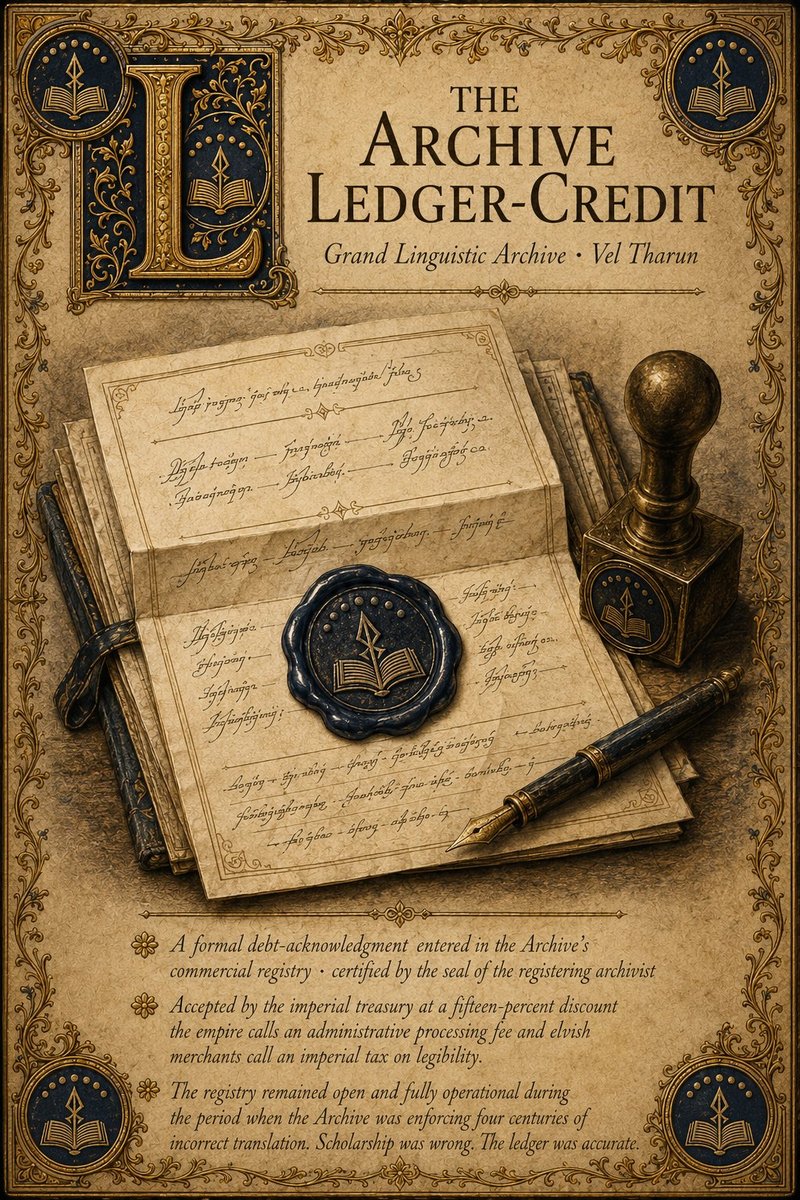 The Archive Ledger-Credit from Songs of the Firstborn — debt-acknowledgment document from the Grand Linguistic Archive at Vel Tharun