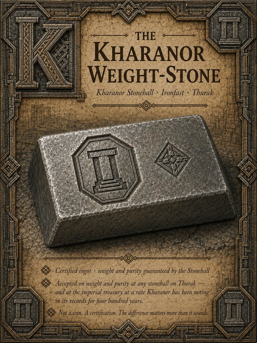 The Kharanor Weight-Stone from Songs of the Firstborn — certified dwarven ingot from Kharanor Stonehall