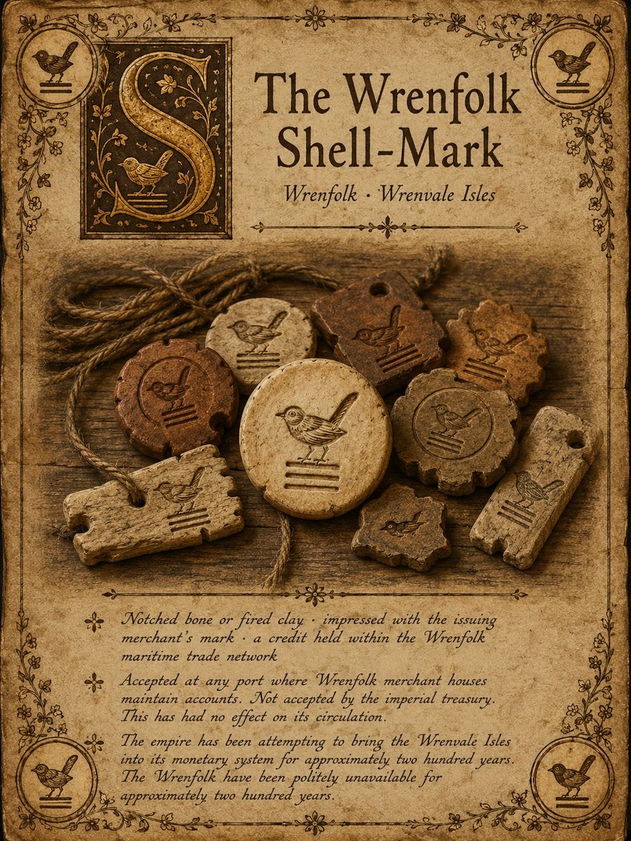 The Wrenfolk Shell-Mark from Songs of the Firstborn — notched bone and clay trade tokens of the Wrenvale Isles