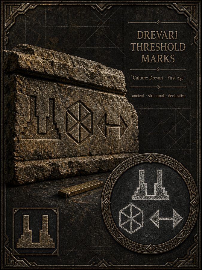 Drevari threshold marks from Songs of the Firstborn — ancient First Age symbols that describe what is true rather than what is owned