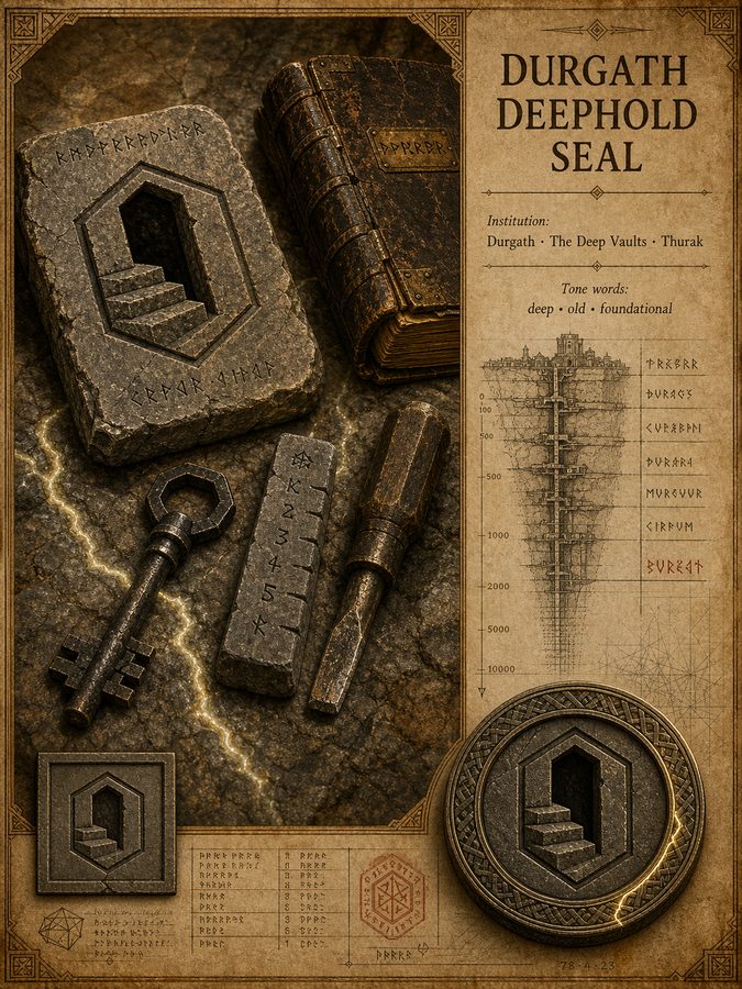 The Durgath Deephold Seal from Songs of the Firstborn — the dwarven mark certifying depth down to where the survey stops