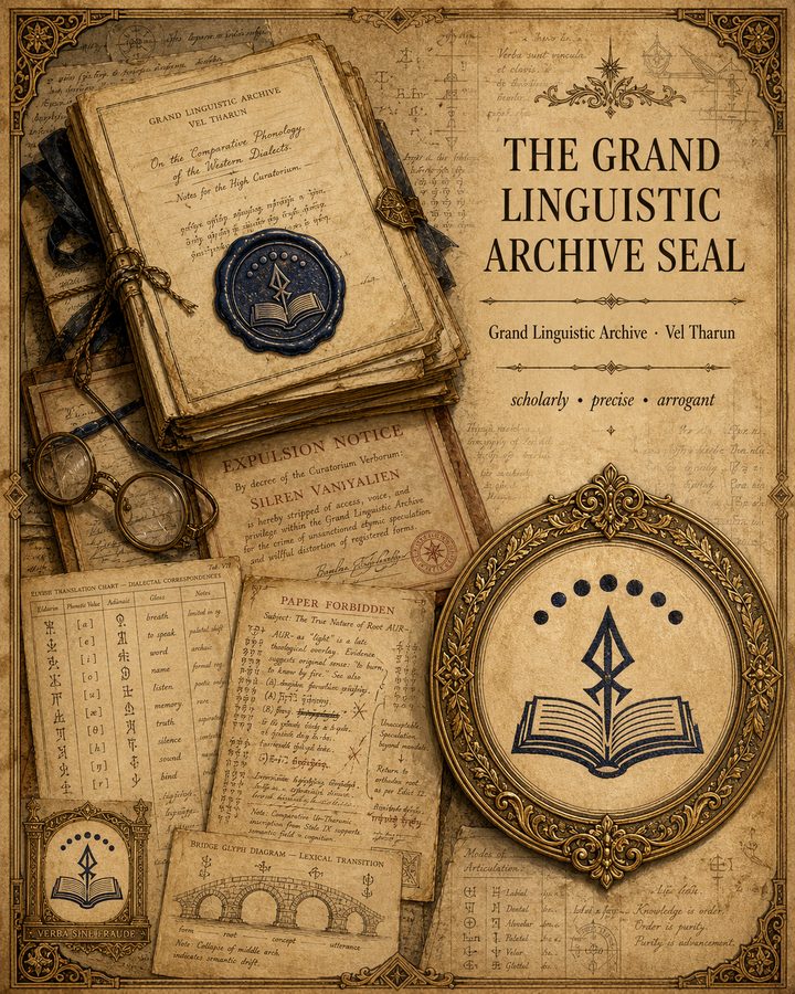 The Grand Linguistic Archive Seal from Songs of the Firstborn — the institutional mark of the nine-hundred-year elvish archive at Vel Tharun