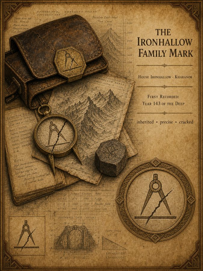 The Ironhallow Family Mark from Songs of the Firstborn — the dwarven surveying seal bearing a crack added after Year 143 of the Deep