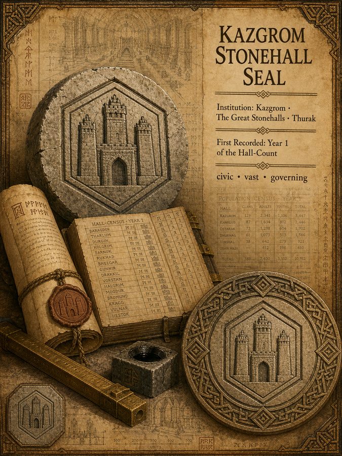 The Kazgrom Stonehall Seal from Songs of the Firstborn — the largest dwarven authority on either continent