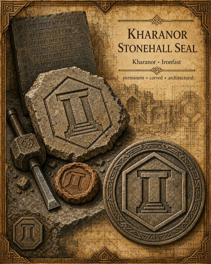 The Kharanor Stonehall Seal from Songs of the Firstborn — dwarven memory cut rather than written
