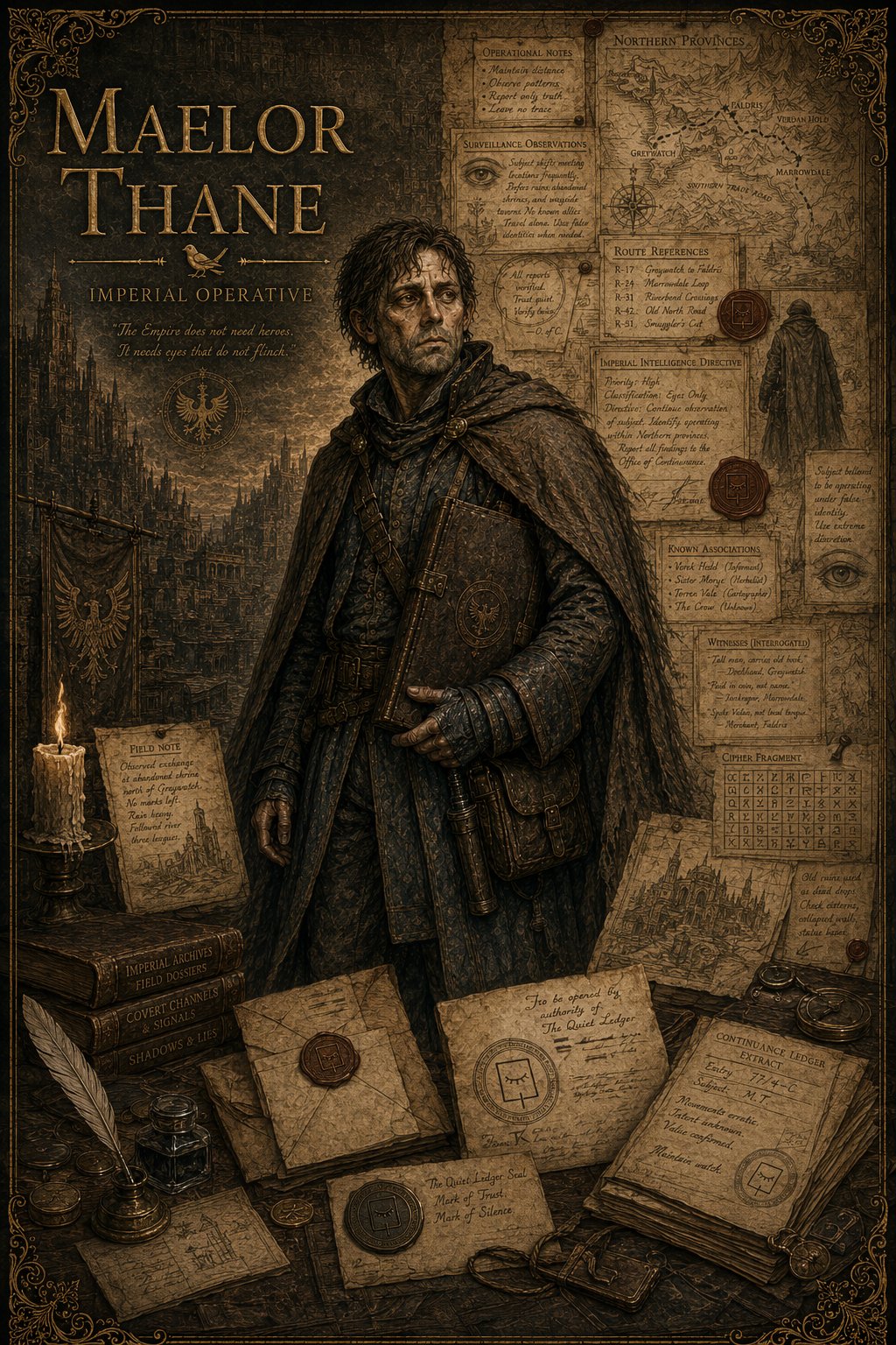 Maelor Thane — Quiet Ledger field operative touched by the Unmaking in Songs of the Firstborn