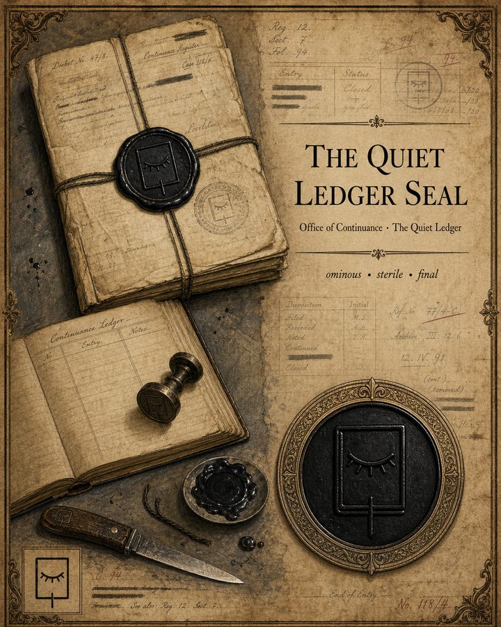 The Quiet Ledger Seal from Songs of the Firstborn — the closed eye of the Office of Continuance