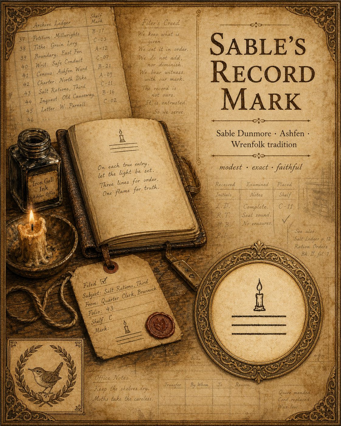 Sable Dunmore's record mark from Songs of the Firstborn — a Wrenfolk filing stamp meaning a record kept is a candle lit