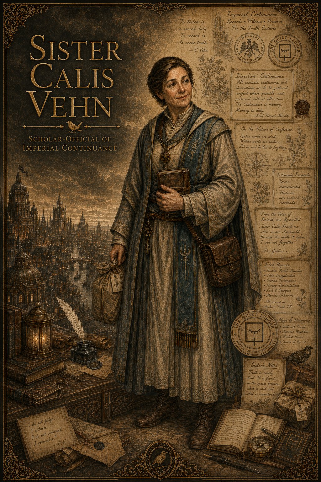 Sister Calis Vehn — Imperial Confessor and agent of the Quiet Ledger in Songs of the Firstborn