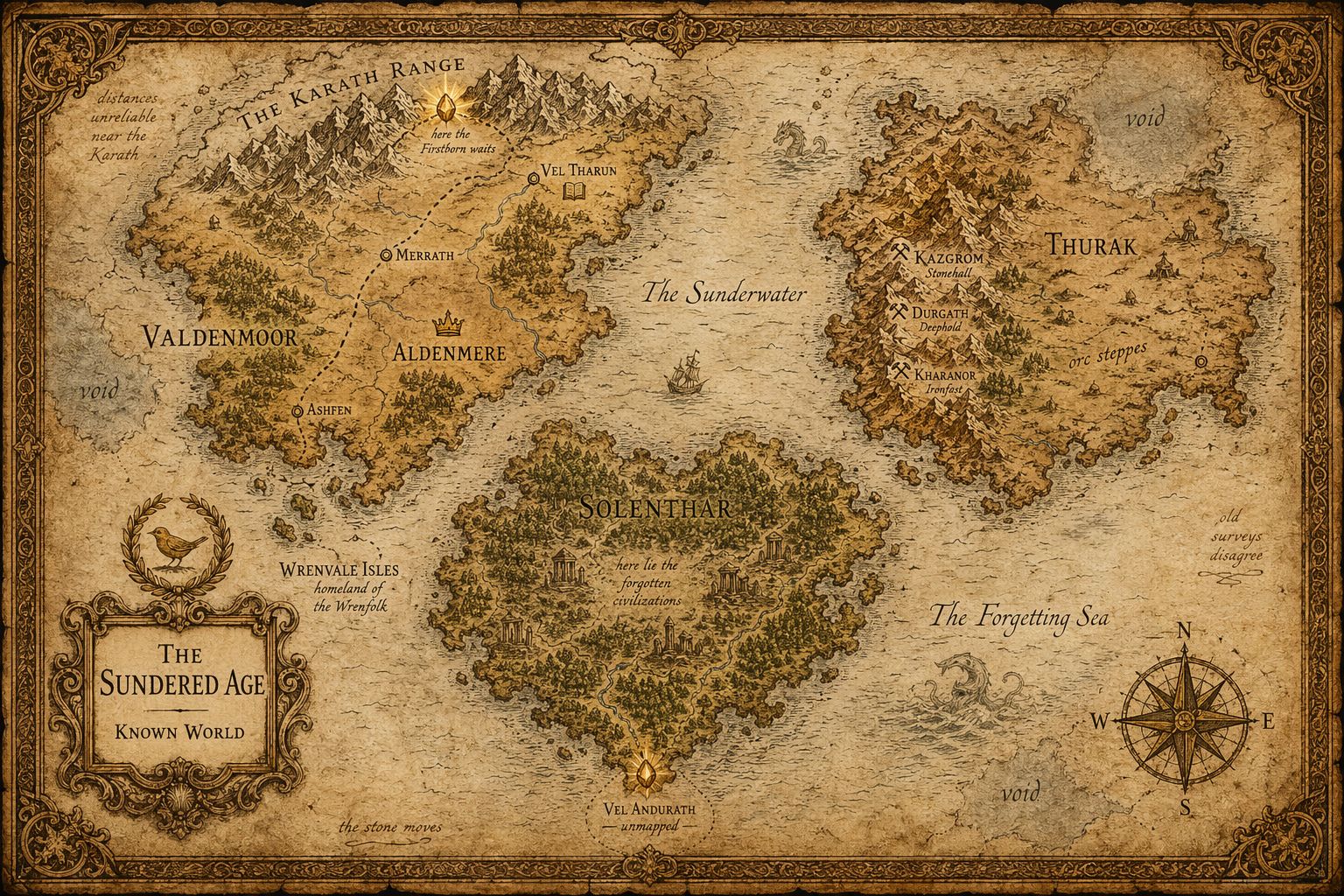 World map of the Sundered Age from Songs of the Firstborn, showing Valdenmoor, Thurak, Solenthar, and the Sunderwater