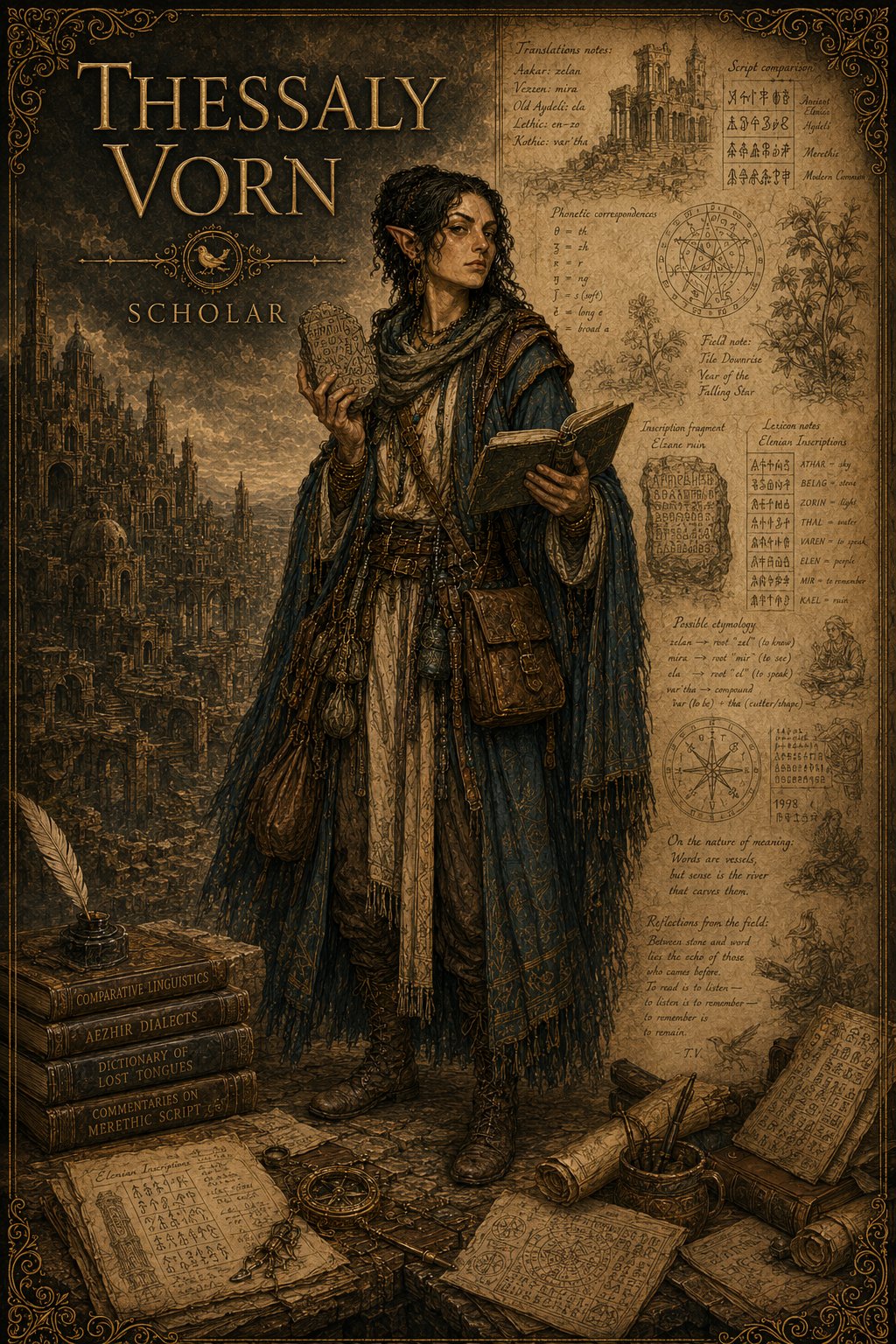 Thessaly Vorn — elven disgraced linguist and companion in Songs of the Firstborn
