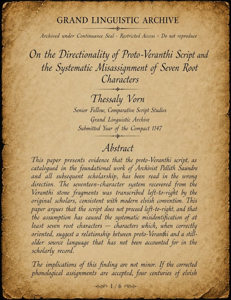 Page 1 of Thessaly Vorn's banned paper on proto-Veranthi directionality from Songs of the Firstborn