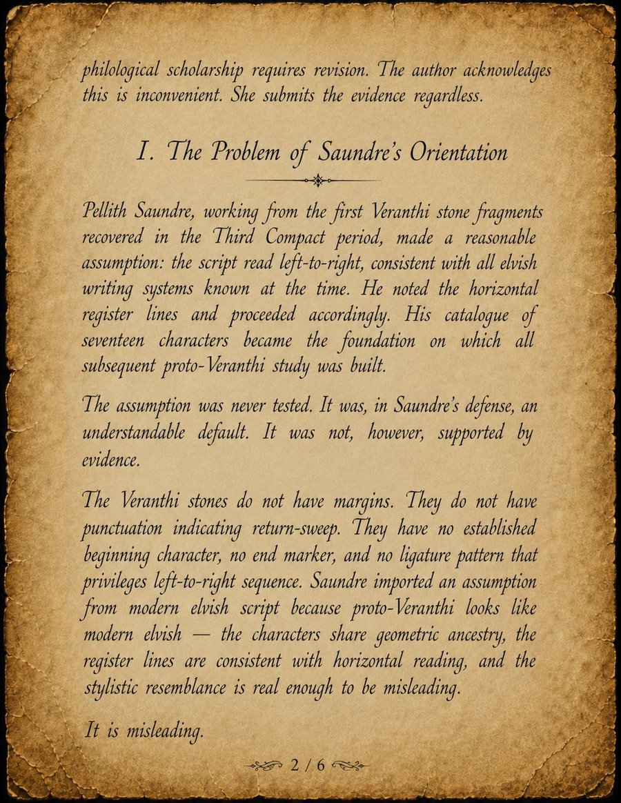 Page 2 of Thessaly Vorn's banned paper on proto-Veranthi directionality from Songs of the Firstborn