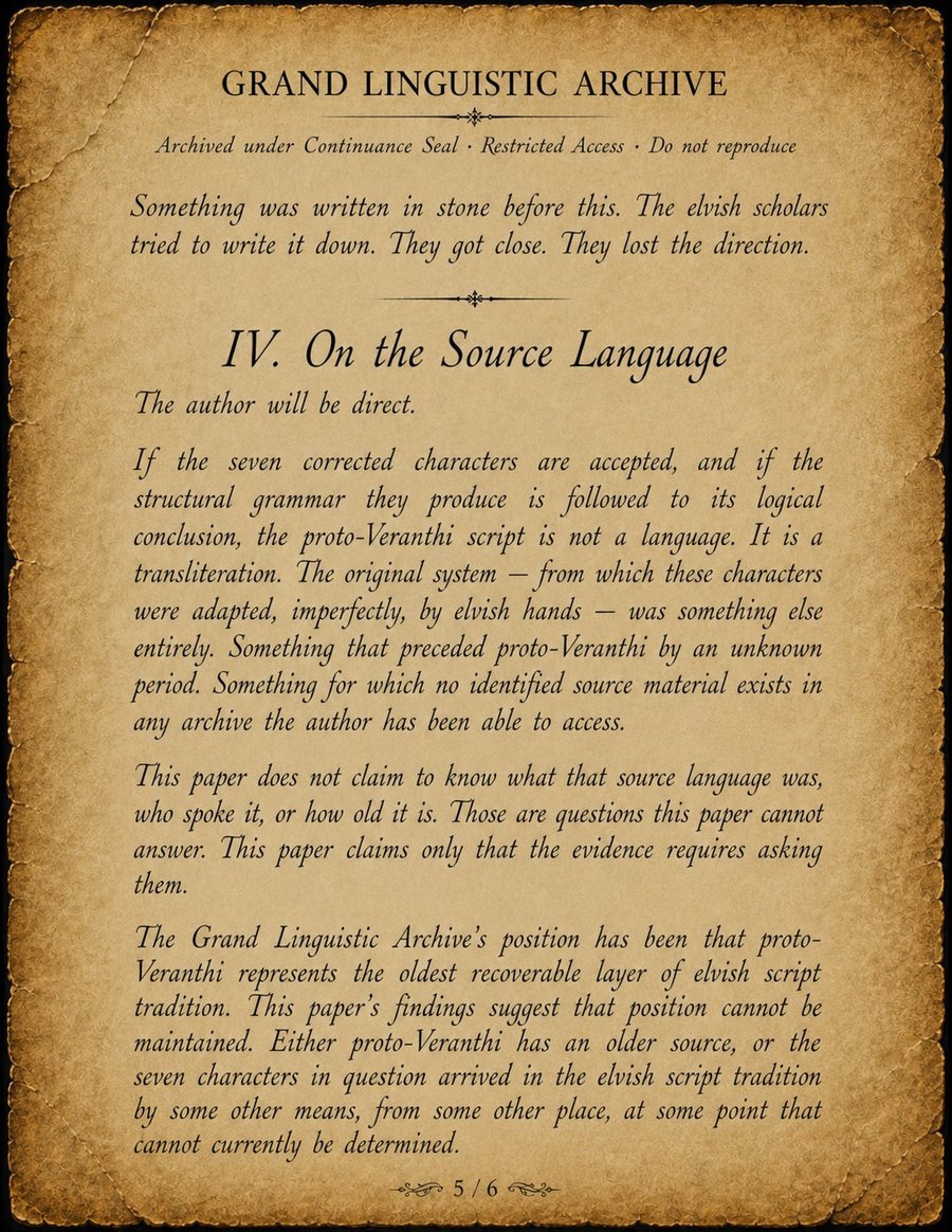 Page 5 of Thessaly Vorn's banned paper on proto-Veranthi directionality from Songs of the Firstborn