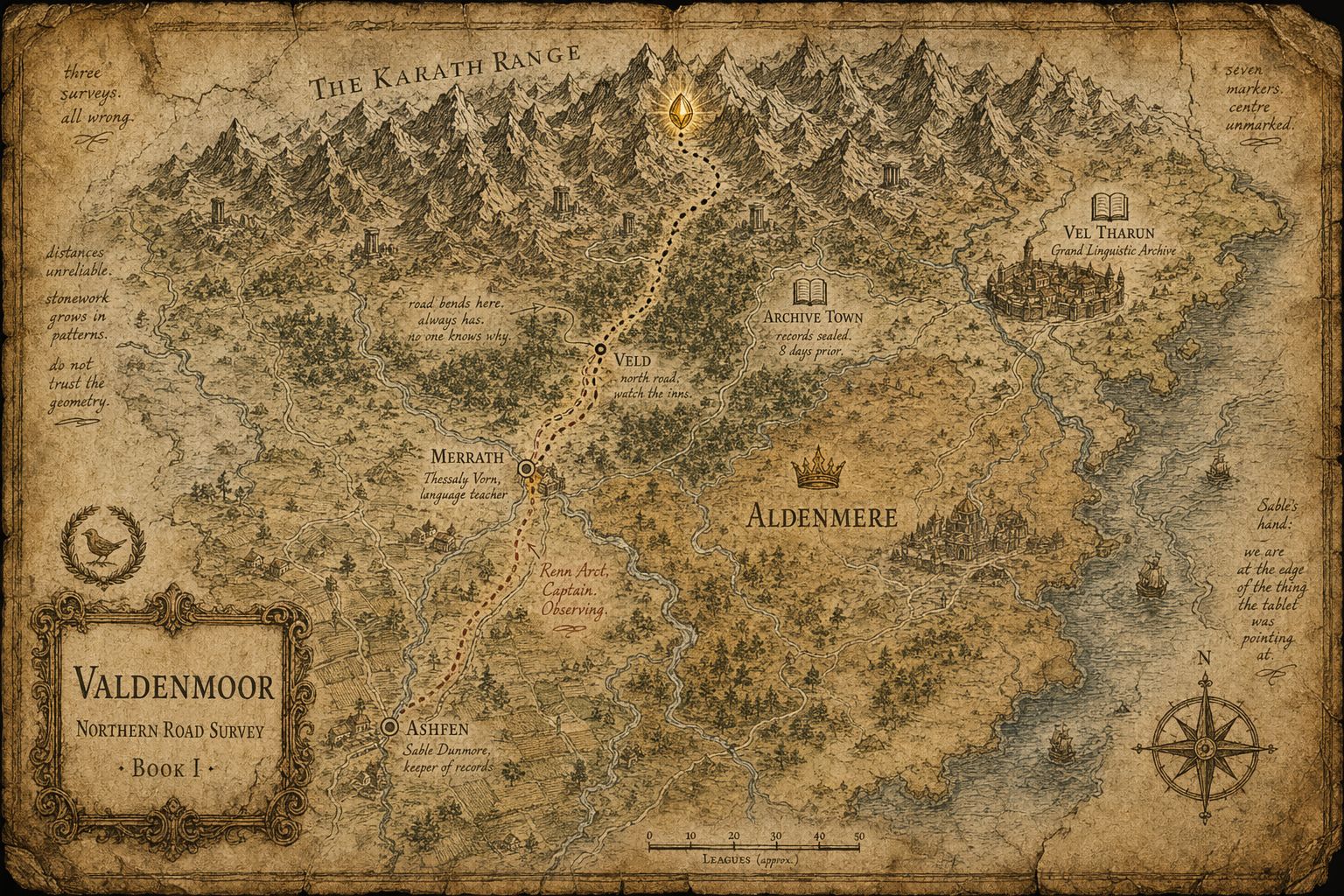 Detailed map of Valdenmoor from Songs of the Firstborn, the western continent and setting of Books I and II