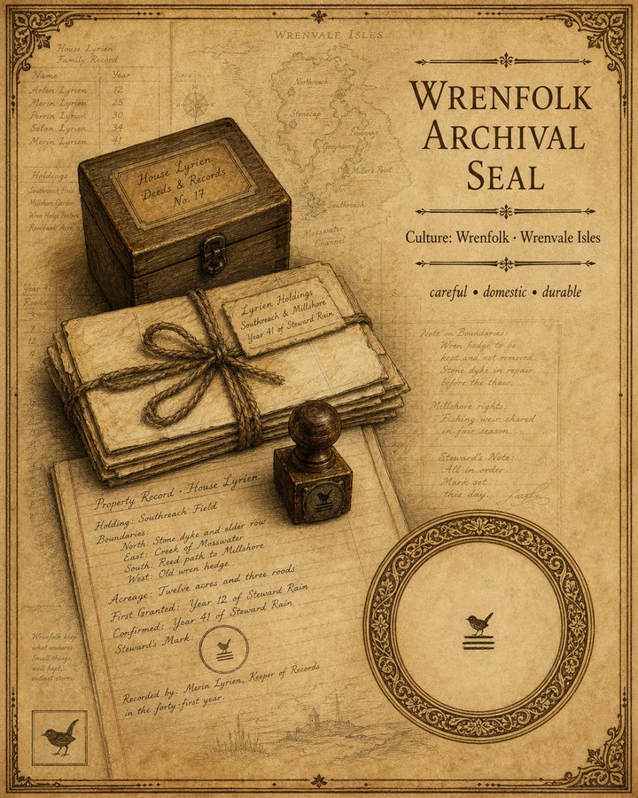 The Wrenfolk Archival Seal from Songs of the Firstborn — the mark of Wrenvale Islands record-keeping tradition